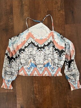 Guess Coral, Blue & Black Lace-Print Cold Shoulder Crop Top